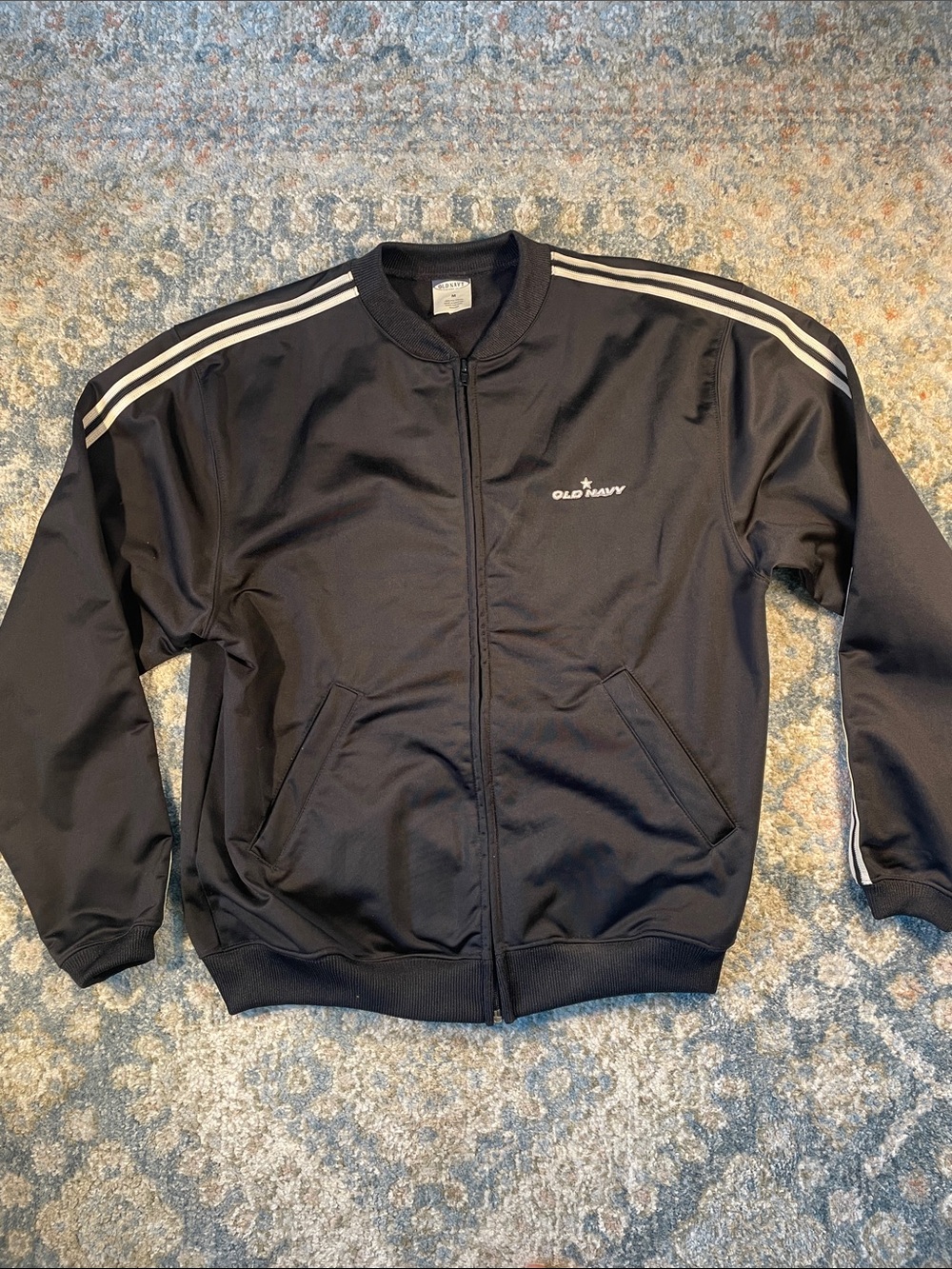 Old Navy Black Track Jacket with White Stripes Zipper Front Vintage Y2K